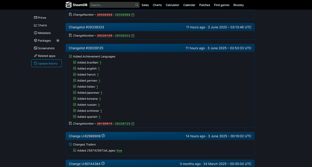 Silksong screenshot of the SteamDB page for Silksong, showing various changes on June 3.