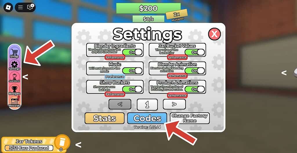 The Settings menu in Smoothie Factory Tycoon. Two red arrows point at Settings and Codes buttons.