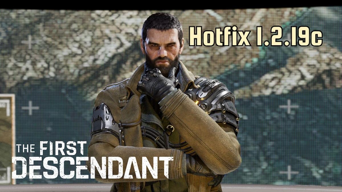 The First Descendant image of Alpha looking at the camera, with the text saying Hotfix 1.2.19c