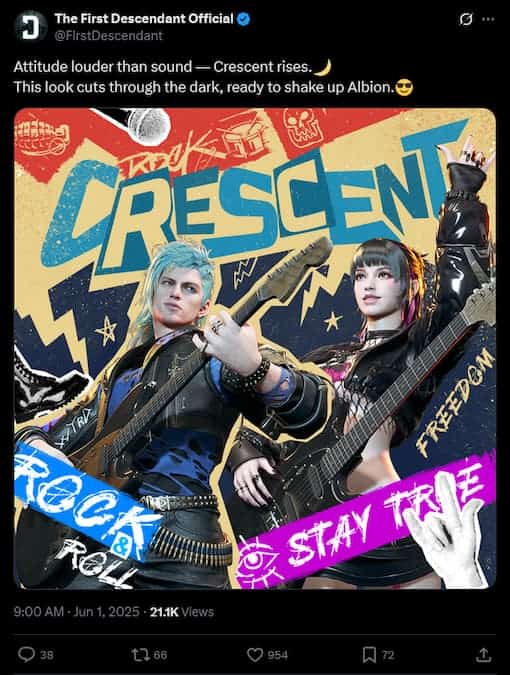 The First Descendant screenshot of Nexon's X post teasing new punk-rock skins