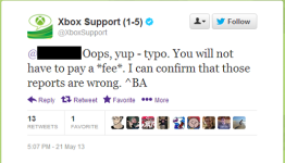 Xbox Support on Twitter says there is no fee to play used games