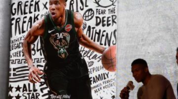 Giannis Antetokounmpo on the NBA 2K19 cover. See photos from closed event.