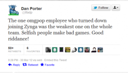 OMGPOP CEO tweets that only employee not to transition to Zynga was the “weakest” one