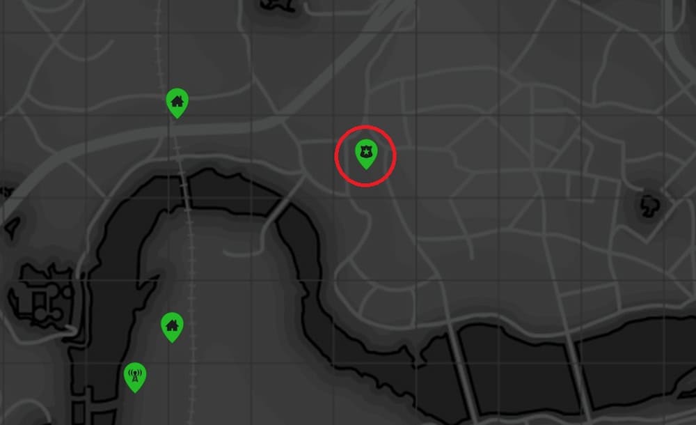 Screenshot of a map with the location of Cambridge Police Station in Fallout 4