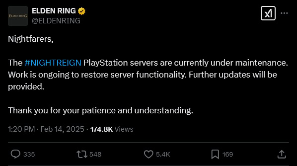 Elden Ring Nightreign screenshot of an X post about server maintenance