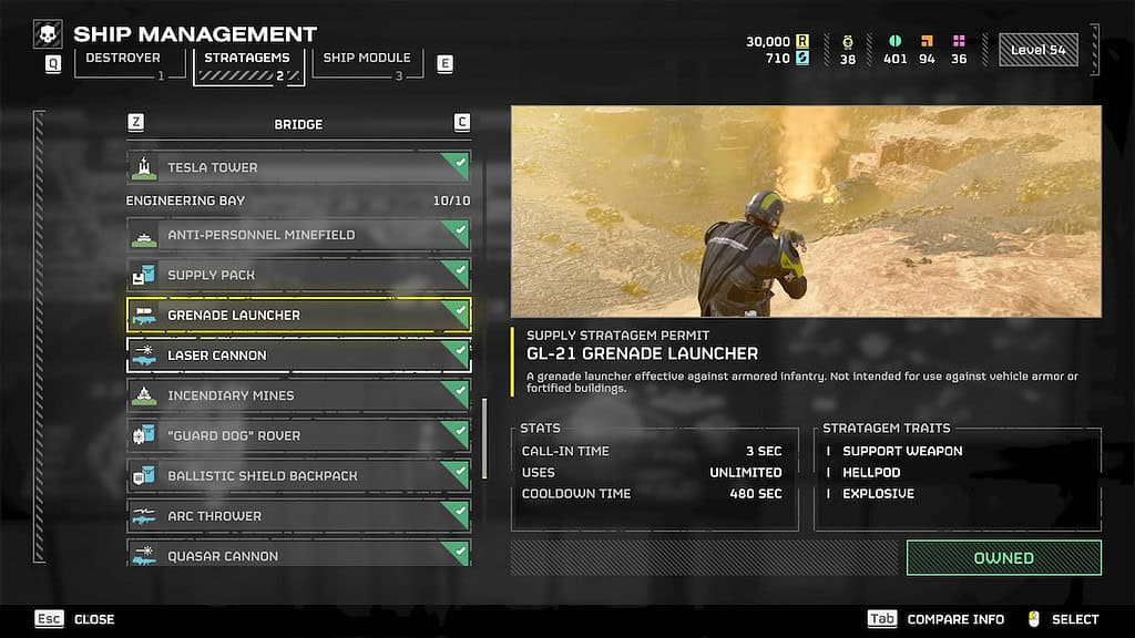 Helldivers 2 image of the grenade launcher in the stratagems tab