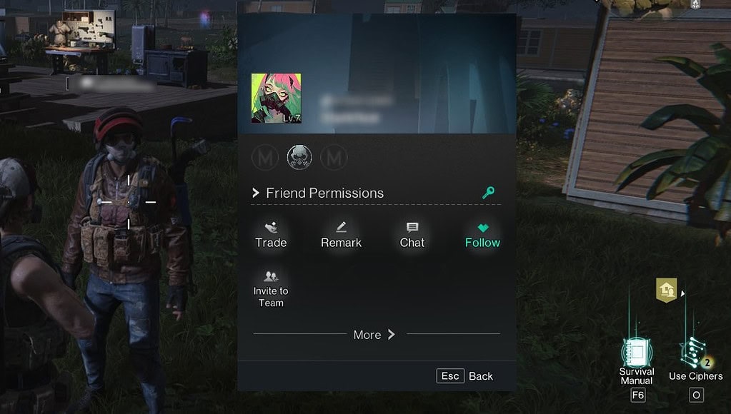 Once Human two players standing with a player options screen opened.