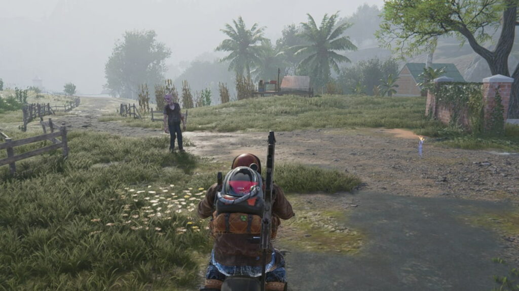 Once Human player driving a motorcycle near a zombie