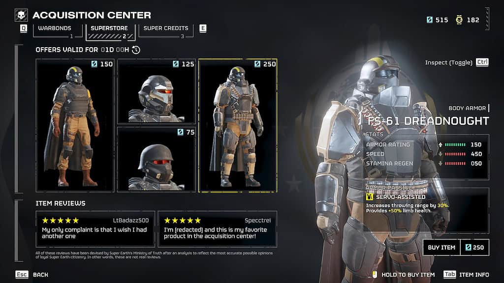 Helldivers 2 image of one of the armor sets in the Superstore Dreadhaught