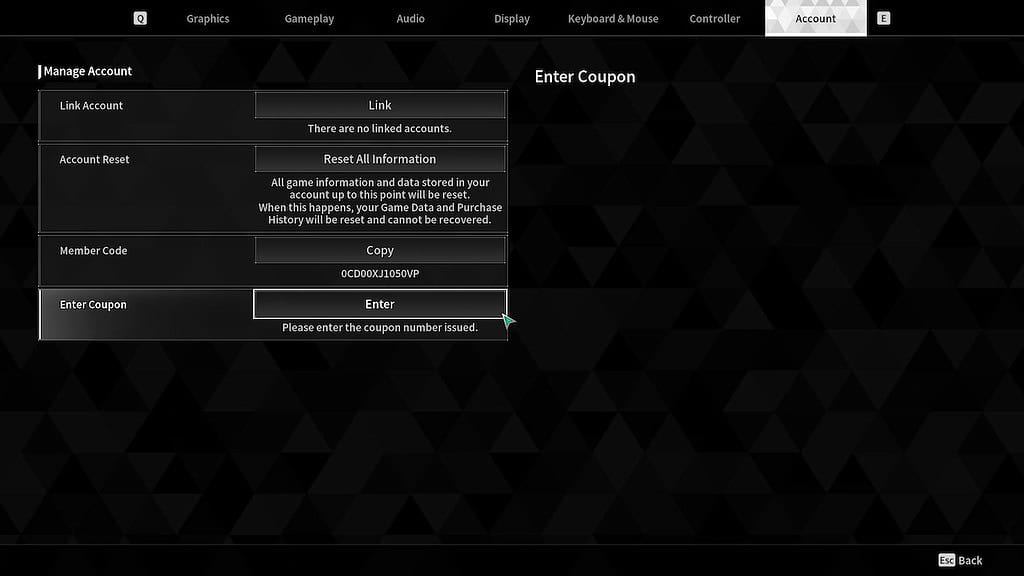 The First Descendant Account options menu