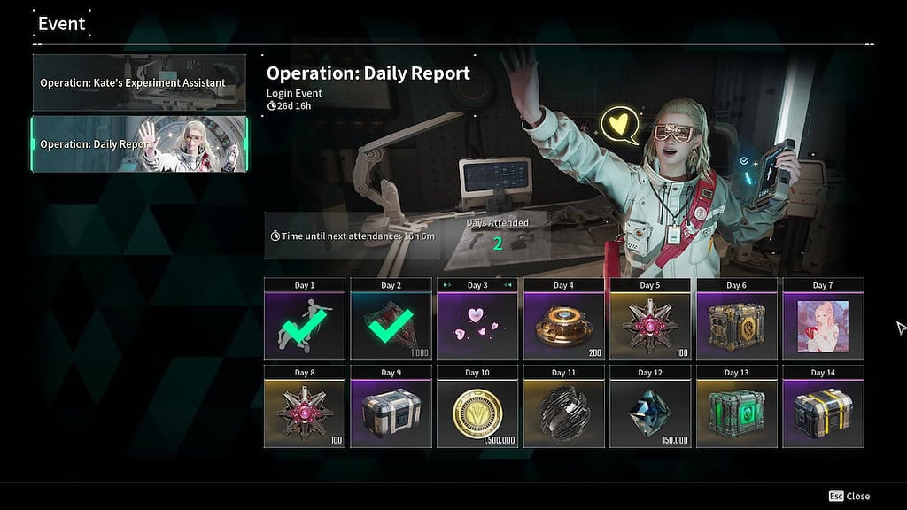 The First Descendant Dr. Kate's Event showing rewards for daily logins