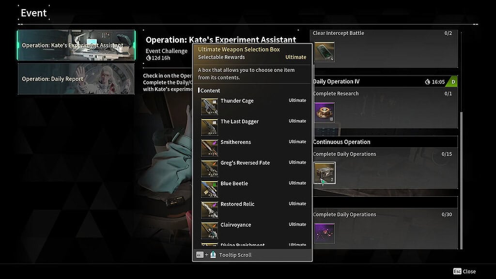 The First Descendant Dr. Kate's Event daily rewards showing various Ultimate Weapons