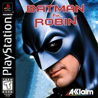 Image of the cover for the Batman & Robin Game on Playstation 1. With an image of the George Clooney Batman with his mask on