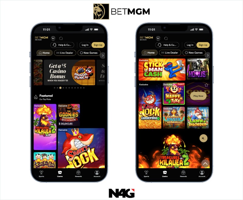 BetMGM online casino app interface showing featured slot games, exclusive titles, casino bonuses, and navigation options for live dealer games and new releases.