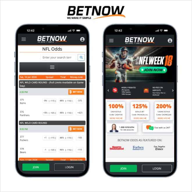 Screenshot of BetNow app featuring NFL odds and various promotions. 