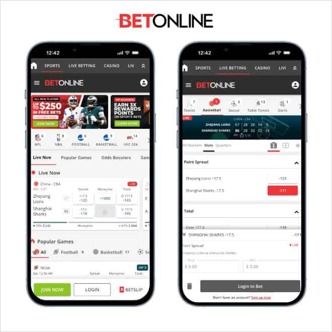 Screenshot of BetOnline app featuring live markets, popular games and betting slip. 