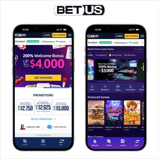 Screenshot of BetUS app featuring welcome bonus and casino game library.  