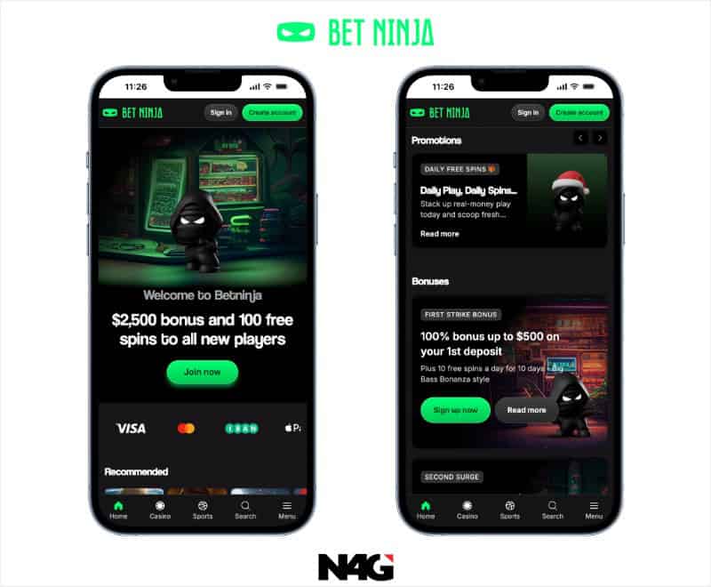 Two screenshots of BetNinja running on mobile, showing the homepage and promos.