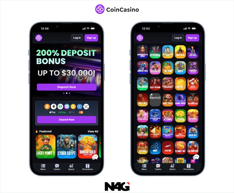 Mobile view of the CoinCasino website showing the welcome bonus offer and a grid of available casino games.