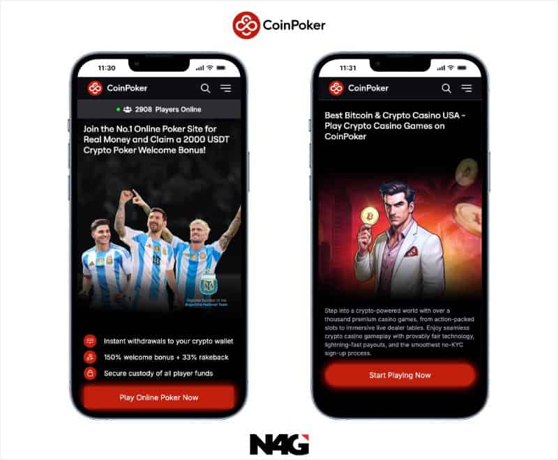 Two mobile screenshots for Coin Poker, showing the home page and welcome bonus. 