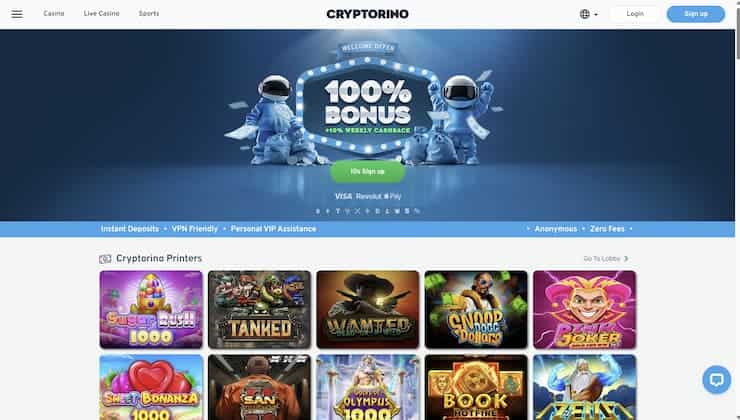 A snapshot of Cryptorino and its 10% cashback bonus.