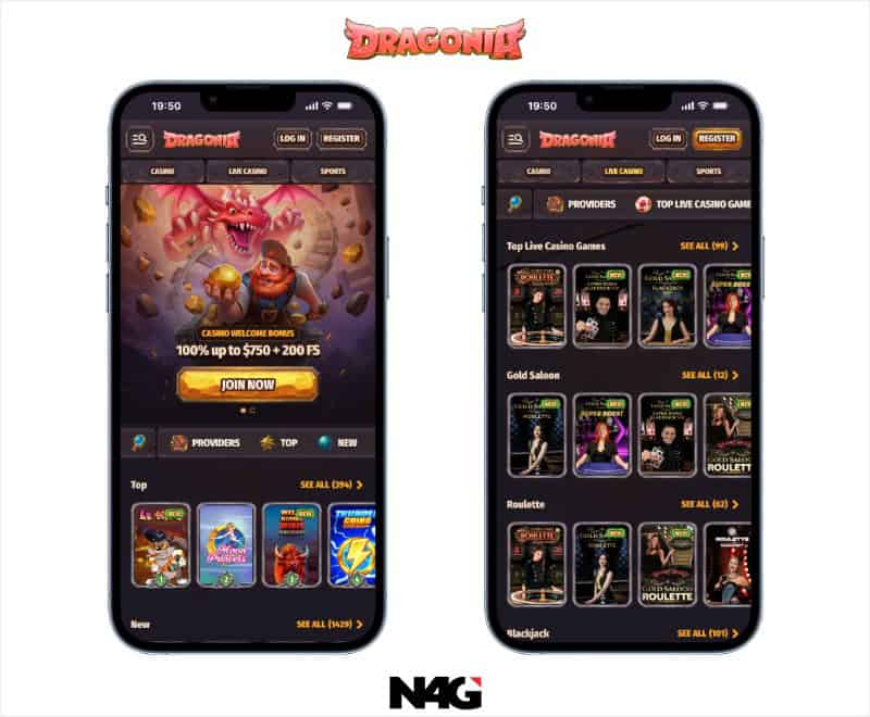 Two screenshots of Dragonia casino running on a smartphone