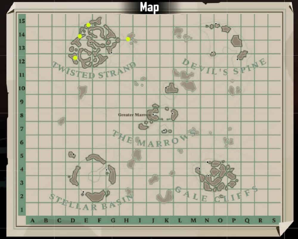 A map in Dredge showing the location of Dog Tags using Yellow Dots in the Twisted Strand location