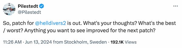 Helldivers 2 CCO, Pilestedt, asking players about their opinions on the new patch