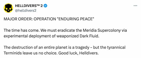 Helldivers 2 announcement of the new Major Order 30.5.