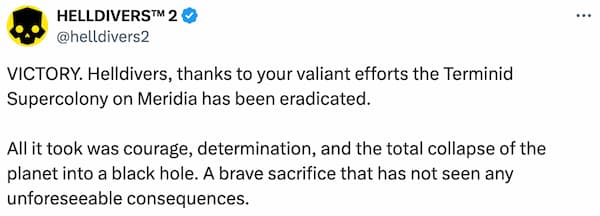 Helldivers 2 statement on X over Major Order victory