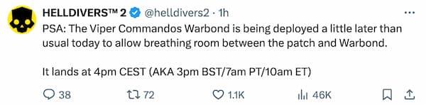 Helldivers 2 ETA on the new Warbond