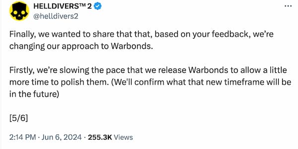 Helldivers 2 announcement of future Warbond delay