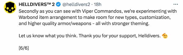 Helldivers 2 announcement of a changed approach to Warbonds