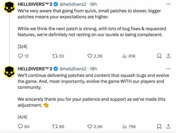 Helldivers 2 patch announcement on X