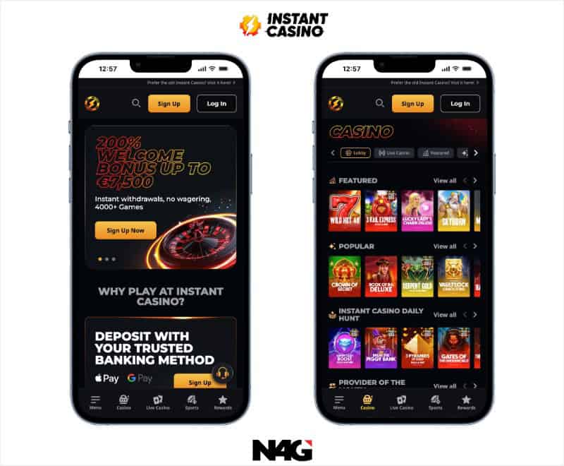 Two mobile screenshots of Instant casino, showing the homepage and bonuses, as well as the game library.