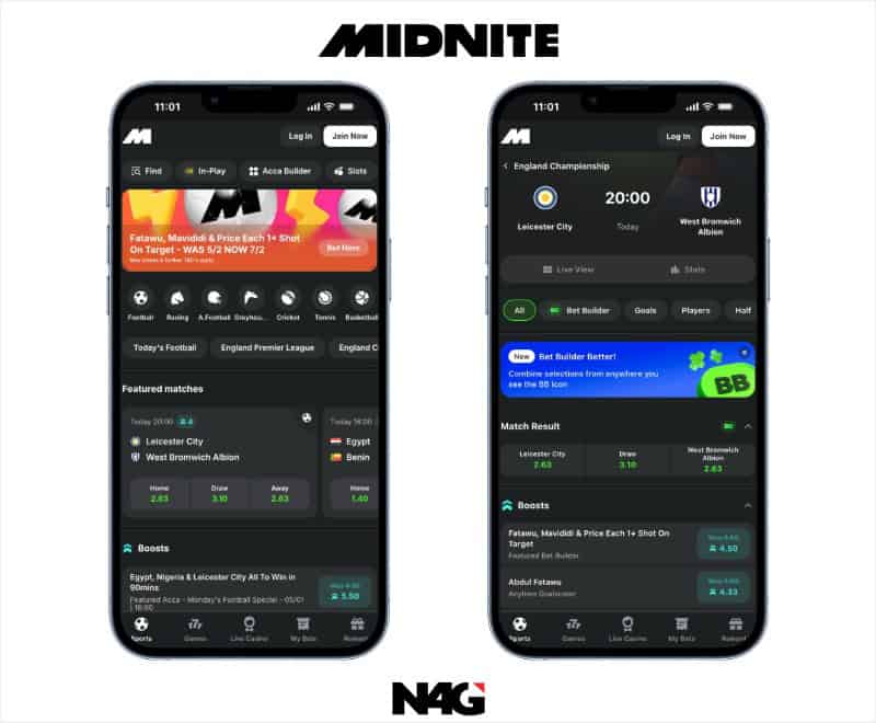screenshots of the Midnite football betting app