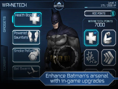 Image shows a Menu with upgrades for Batman with him in the center of the image.