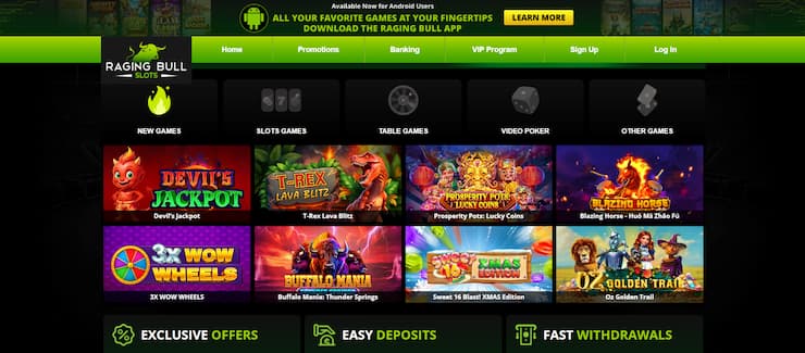 Raging Bull's gaming library - a top online casino for players in Ohio.