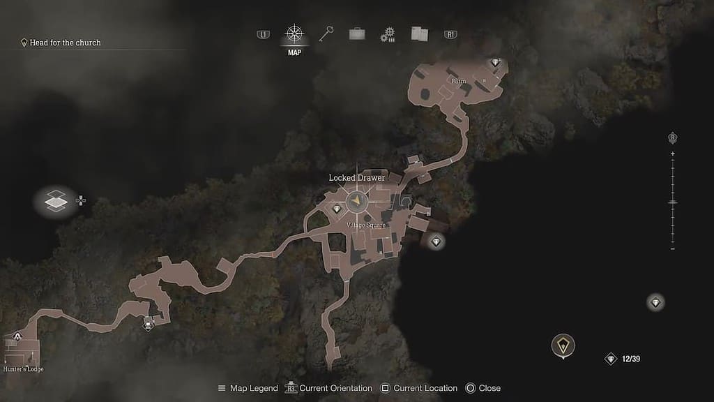The Resident Evil 4 map, showing off the Village Square and where you can find the locked drawer.