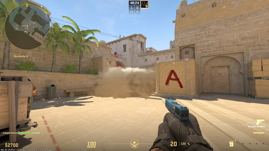 Image of a smoke on A site on map Mirage in CS2