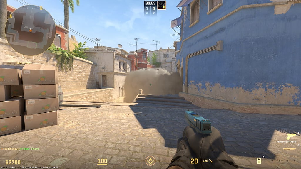 Image of a smoke on mid on map Mirage in CS2