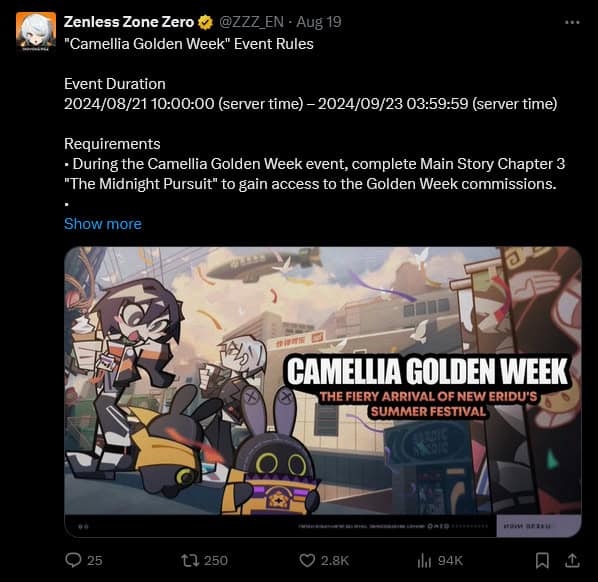 Zenless Zone Zero screenshot of the summer festival announcement on X