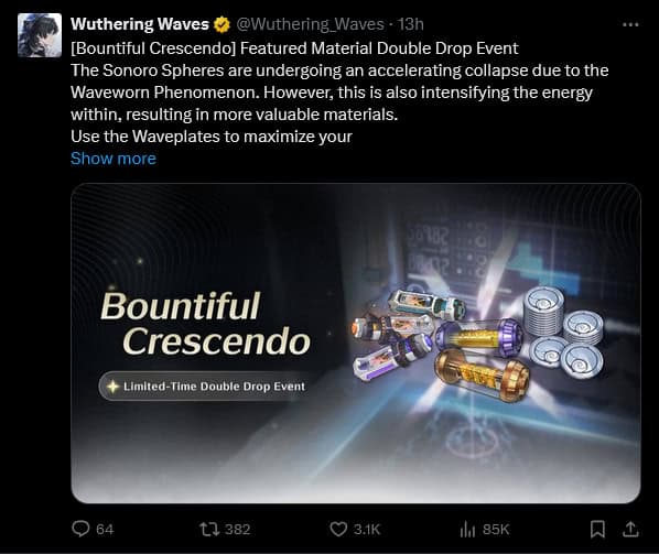 Wuthering Waves screenshot of Bountiful Crescendo event announcement on x