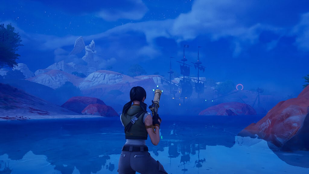 Fortnite player looking at a ship in the distance