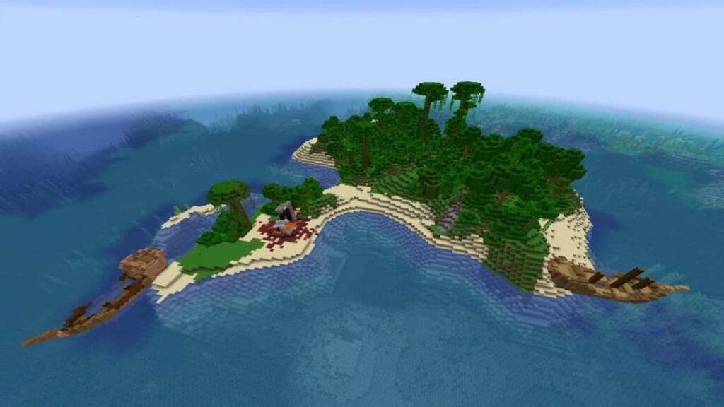 Image of Shipwreck Island in Minecraft, featuring a wrecked ship and a small island with trees.