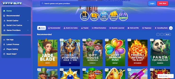 The game lobby of social casino Spin Blitz.