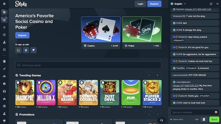 A snapshot of poker site Stake.us and its social games.