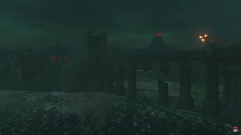 a three headed dragon standing on a bridge in zelda tears of the kingdom