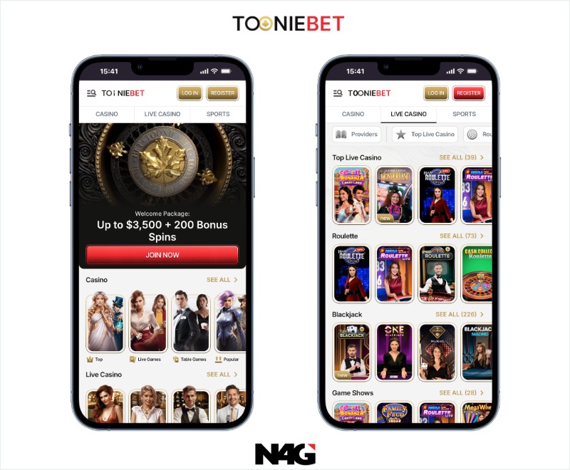 Screenshots of tooniebet casino running on mobile phones. It shows the homepage and live casino lobby
