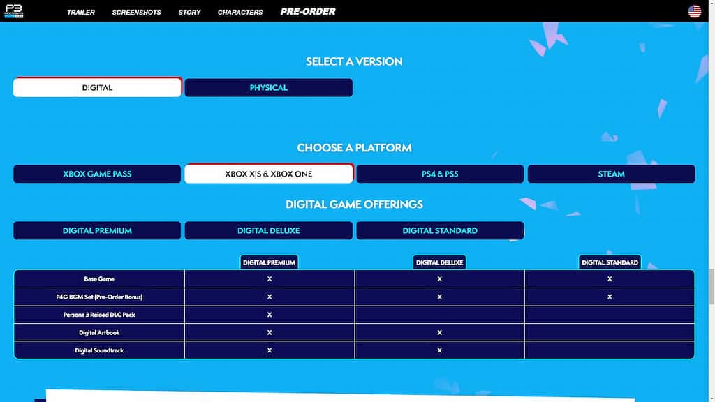 Image of the Persona 3 Reload Pre-Order page. Shows all the different versions, platforms, and digital game offerings you can choose.